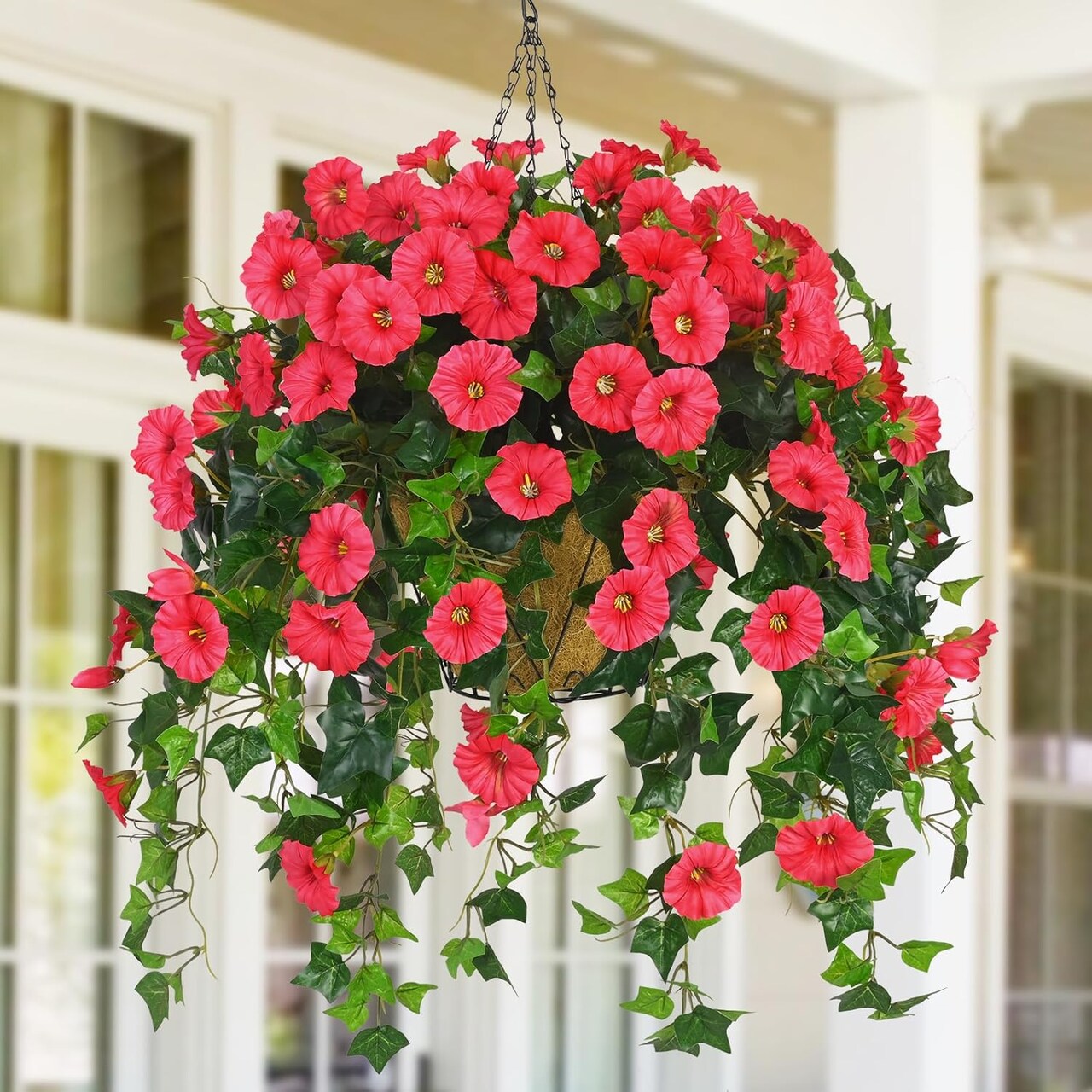 Artificial Fake Hanging Flowers for Outdoors, Hanging Baskets for Plants Outdoor, Faux Vine Bougainvillea for Urn Fillers Front Porch Patio Outside Summer Decor (Red)
